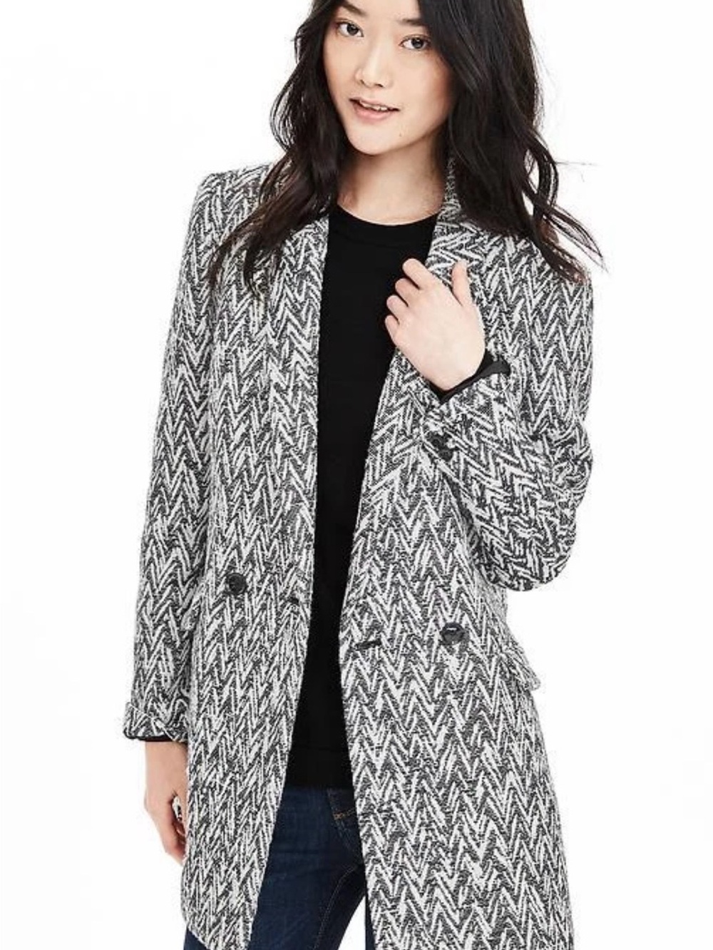 Banana Republic Double Breasted Chevron Jacquard Pea Coat Jacket BLK/WHT Size SM